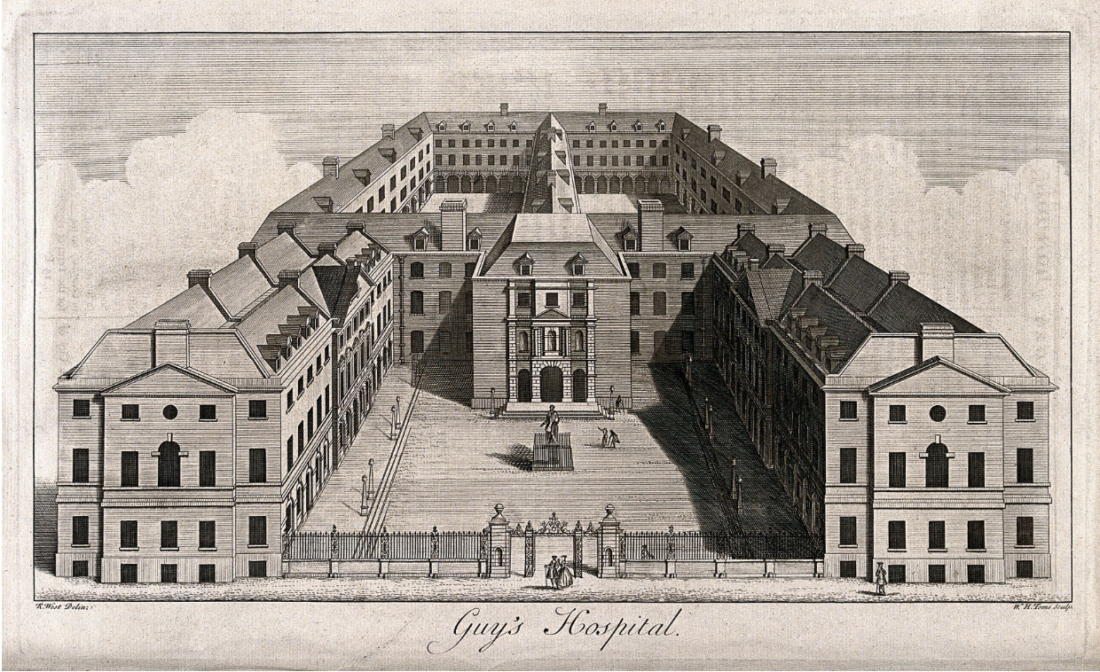 Guy's Hospital, Southwark: an aerial view. Engraving by W. H. Toms after R. West, c.1738. Wellcome Collection.