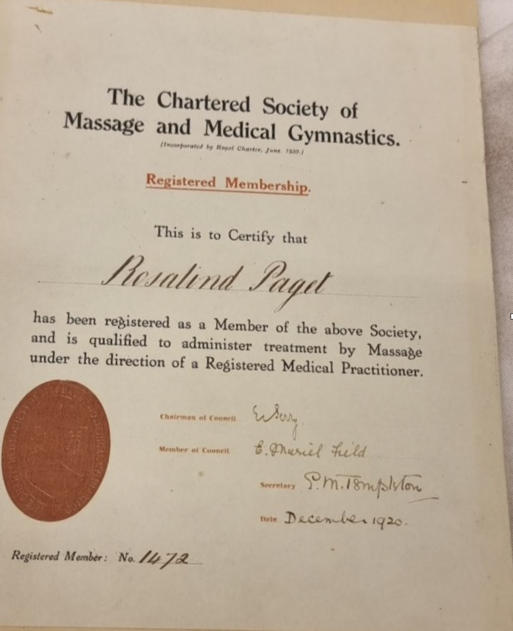 Rosalind Paget's membership certificate of the CSMMG. Wellcome Collection.