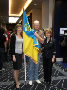 From left to right: Kalandyak Oleksandra, Kobelyev Stepan, Marilyn Moffat. 17th General Meeting of the World Confederation for Physical Therapy. Amsterdam, the Netherlands, 2011.