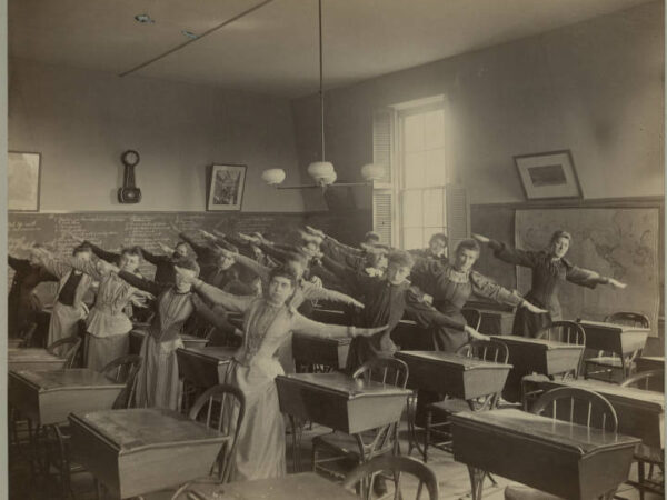 Teachers-in-training at the Boston Normal School of Gymnastics practicing the Ling system of gymnastics. Circa 1891-1896.