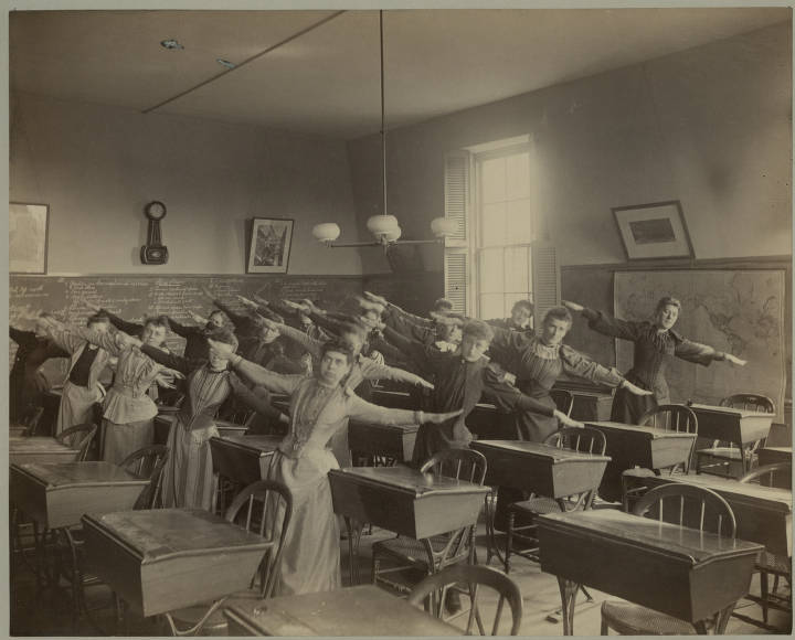 Teachers-in-training at the Boston Normal School of Gymnastics practicing the Ling system of gymnastics. Circa 1891-1896.