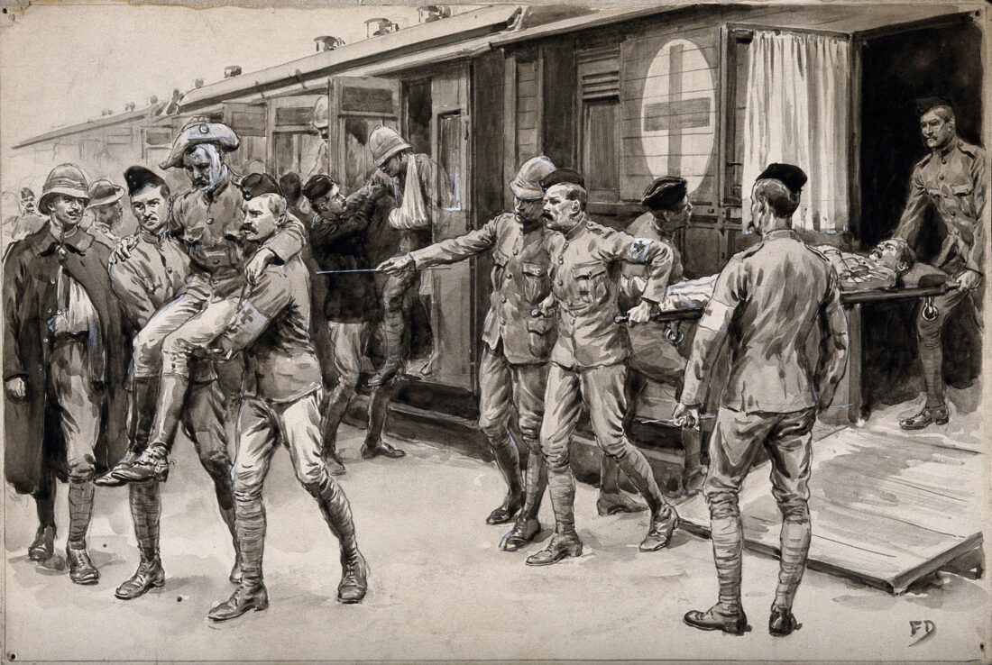 Boer War: wounded soldiers being escorted off the hospital train at Durban from Ladysmith. Watercolour by F. Dadd, 1899. Wellcome Collection.