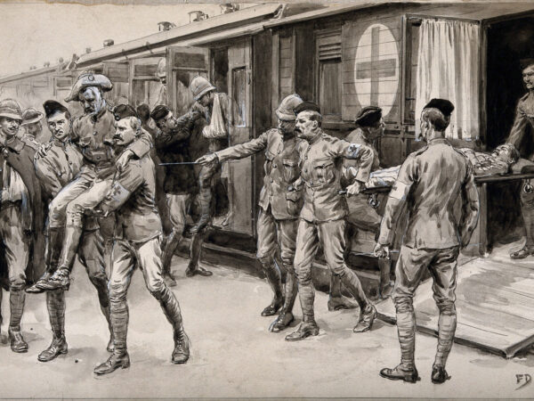 Boer War: wounded soldiers being escorted off the hospital train at Durban from Ladysmith. Watercolour by F. Dadd, 1899. Wellcome Collection.
