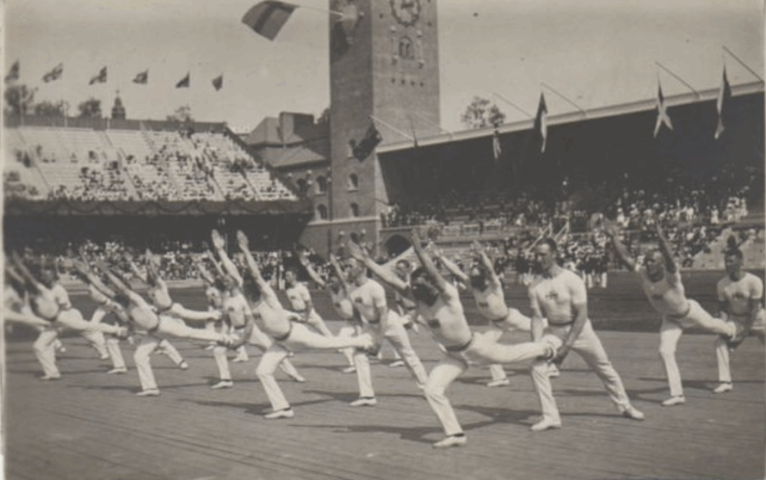 The Swedish gymnastic team won the Men's Gold at the Stockholm Olympic Stadium, 1912.
