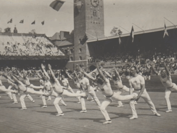 The Swedish gymnastic team won the Men's Gold at the Stockholm Olympic Stadium, 1912.