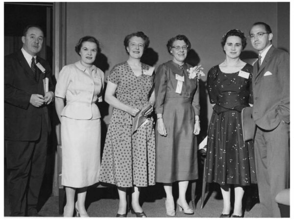 Attendees at the General Session of the World Confederation for Physical Therapy (WCPT), 2nd Congress, New York City, June 18, 1956 (left to right): Thomas Francis, Jr; Miriam Jacobs; G. V. M. Griffin; Mildred Elson, former chairman and APTA executive director; Lucy Blair, polio consultant, APTA; and Jonas E. Salk, who was honoured by the WCPT for his work developing the polio vaccine. Photo courtesy of APTA.