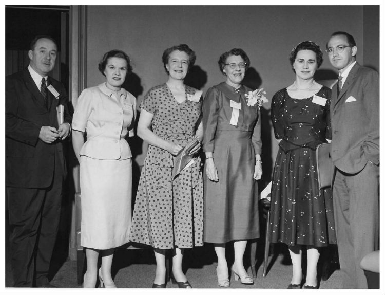 Attendees at the General Session of the World Confederation for Physical Therapy (WCPT), 2nd Congress, New York City, June 18, 1956 (left to right): Thomas Francis, Jr; Miriam Jacobs; G. V. M. Griffin; Mildred Elson, former chairman and APTA executive director; Lucy Blair, polio consultant, APTA; and Jonas E. Salk, who was honoured by the WCPT for his work developing the polio vaccine. Photo courtesy of APTA.