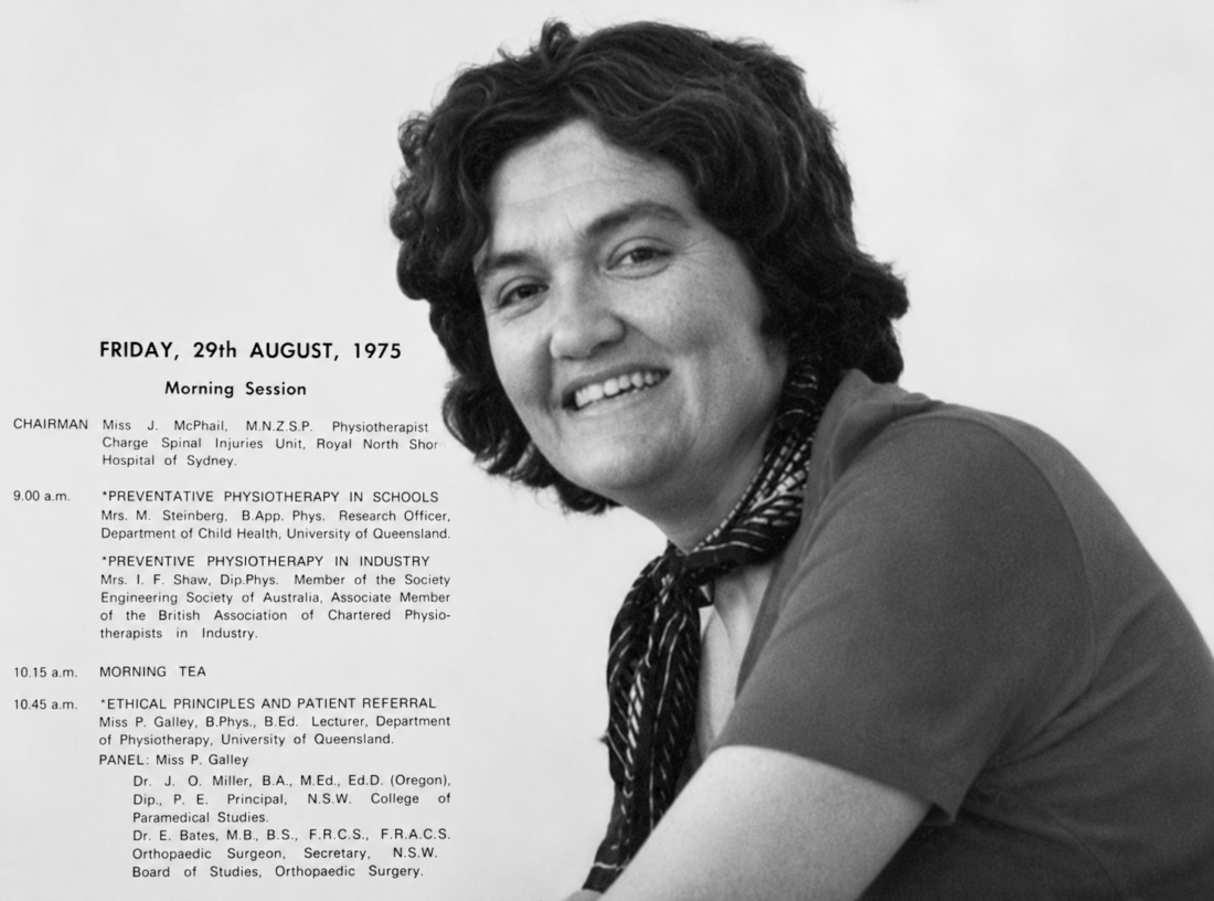 Prue Galley, circa 1976. Image from thje Australian Physiotherapy Association and edited with ChatGPT Version 5.