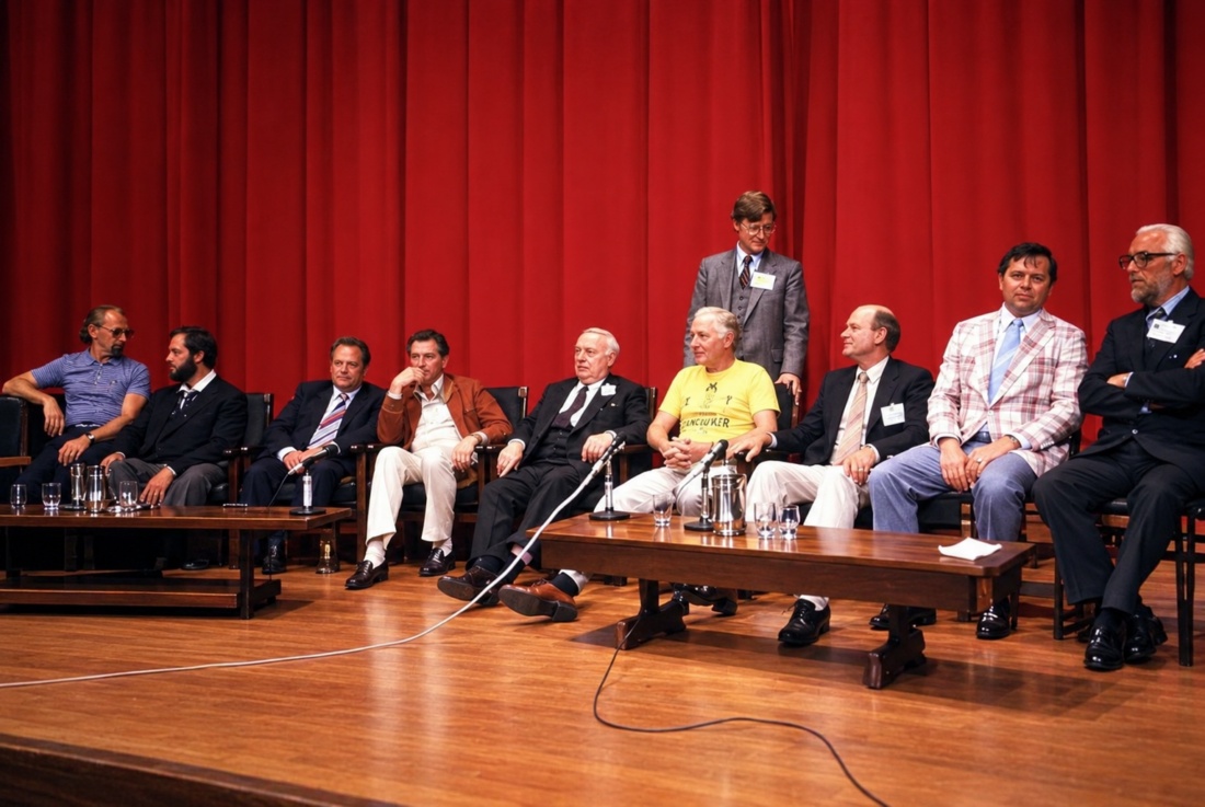 IFOMPT Conferencce in Christchurch, New Zealand, 1980. From the left: Olaf Evjenth, Richard Erhart, Vladimir Janda, ?Dr Schmidt, James Cyriax, Robin McKenzie with Stanley Paris behind, Geoffrey Maitland, Sandy Burkhart, Alan Stoddard. Source: Facebook Global Cyriax Institute Asia