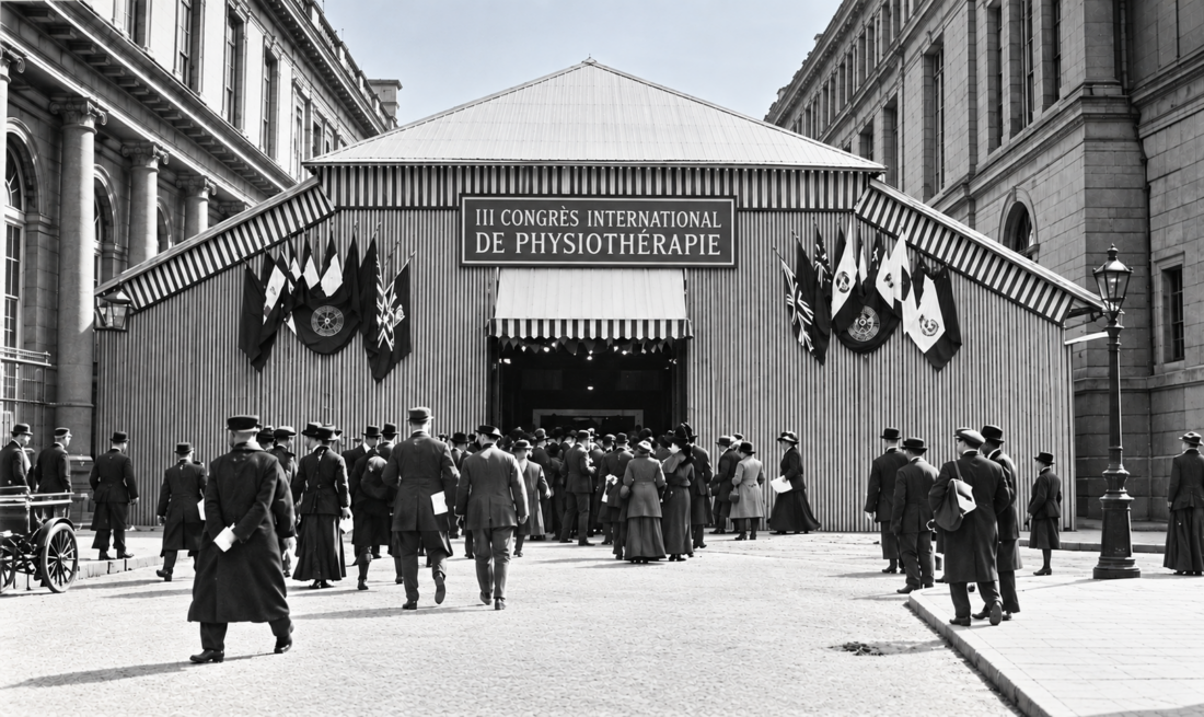 PARIS, 1910 - Exterior of the pavilion where the third International Physiotherapy Congress was held. Photo WG Press. Enhanced with ChatGPT.